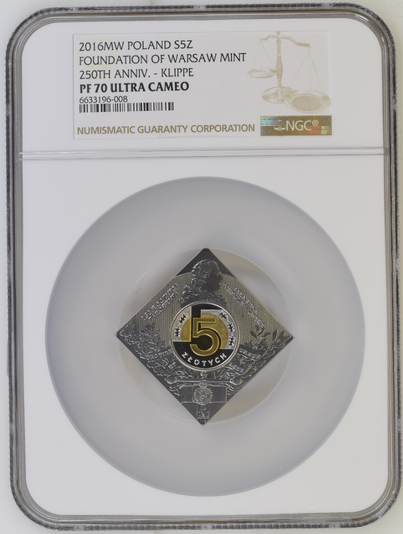 5 zł. 250 Rocznica Założenia Mennicy Warszawskiej – NGC PF70 MAX NOTA