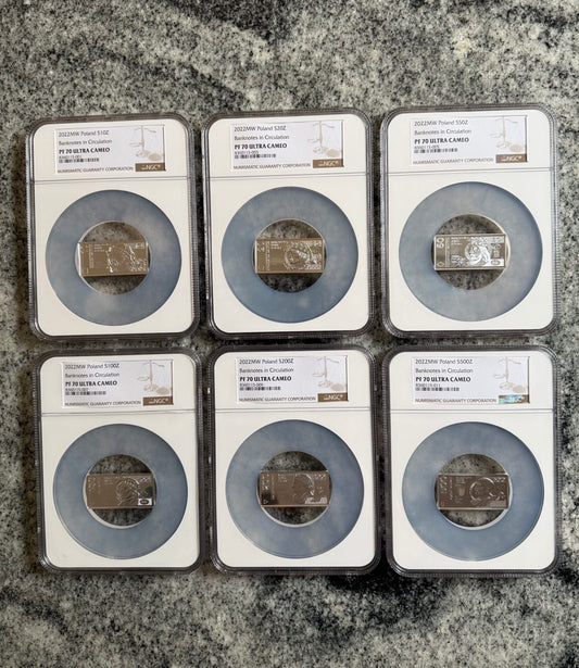 Polskie banknoty obiegowe – zestaw srebrnych monet – 2022 – NGC PF70 ULTRA CAMEO